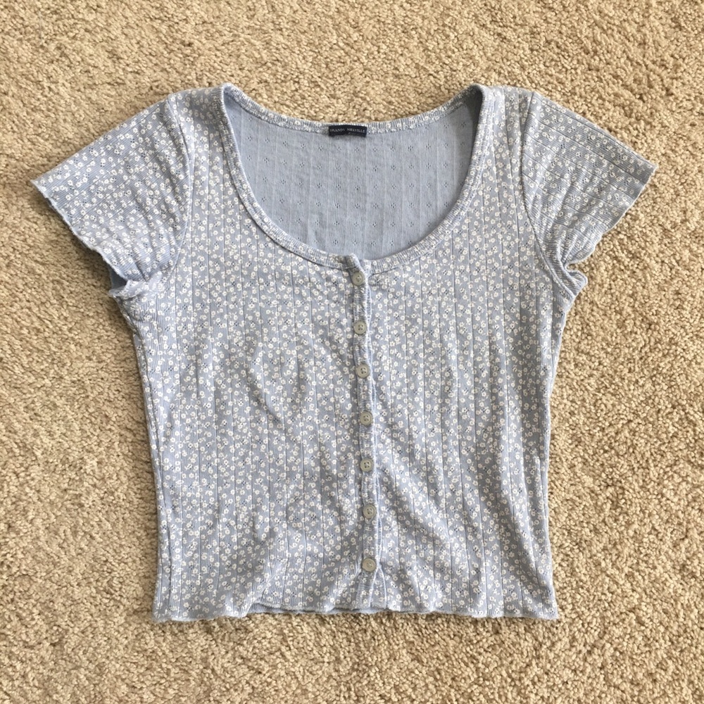 Brandy Melville Blue Floral Ruffle Zelly Top